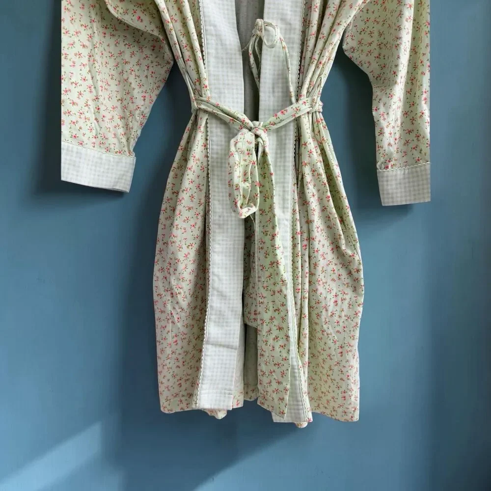 Charter Club Cottagecore Mint Green Floral Gingham Cotton Kimono Wrap Robe XL